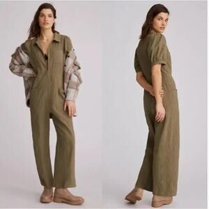 The Odells Anthropologie Textured 100% Cotton Green Utility Jumpsuit Size Small